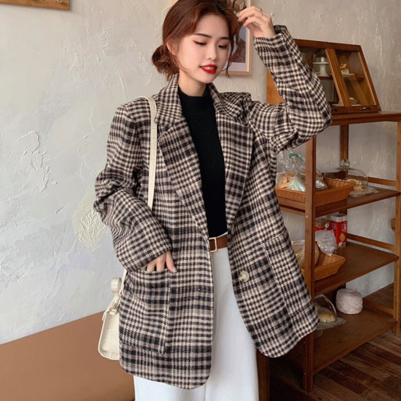 Thumbnail: Loose Women Blazer Fashion Houndstooth Single Breasted Fall Long Sleeve Jacket