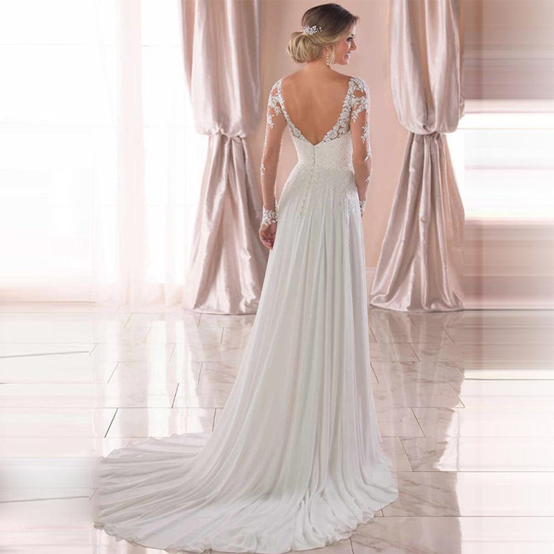 Thumbnail: Sexy Backless Deep V-neck Wedding Dress Women White Evening Dress