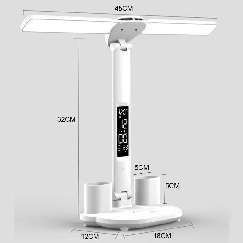 Thumbnail: LED Clock Table Lamp USB Chargeable Dimmable Desk Lamps 2 Heads 180 Rotate Fold