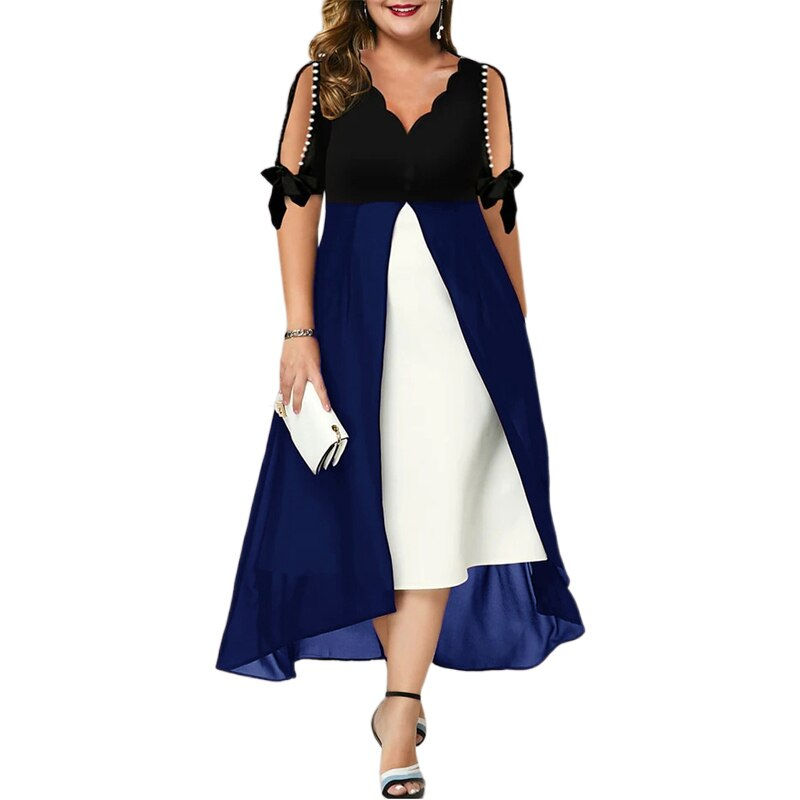 Plus Size Summer Dressed For Women Pearls Cold Sleeve Peplum A Line Dinner Dres