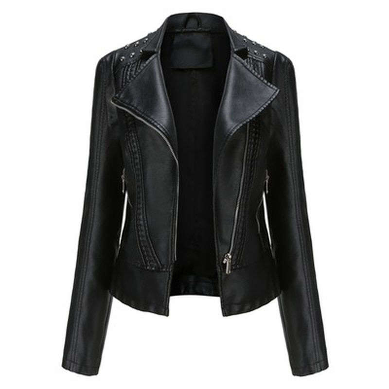Thumbnail: Autumn Faux Leather Riveting Studded Women's Coat Zipper Moto Biker Stand Colla