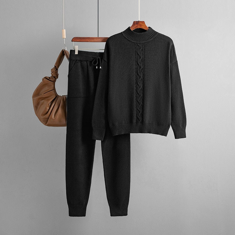 Thumbnail: Cotvotee Knitted 2 Piece Sets Womens 2023 New Long Sleeve Half High Collar Tops