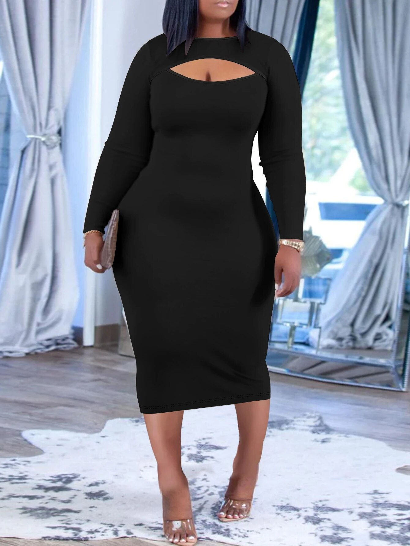Plus Size Casual Dress, Women's Plus Solid Long Sleeve Round Neck Cut Out Midi