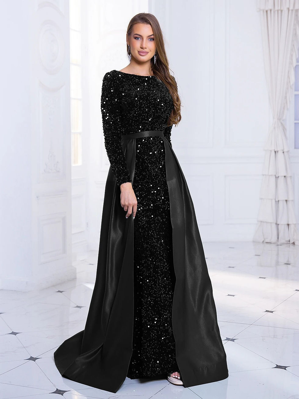 Thumbnail: Romagic Modest Stretch Sequin Full Sleeve Evening Party Gown Mermaid Formal Pro