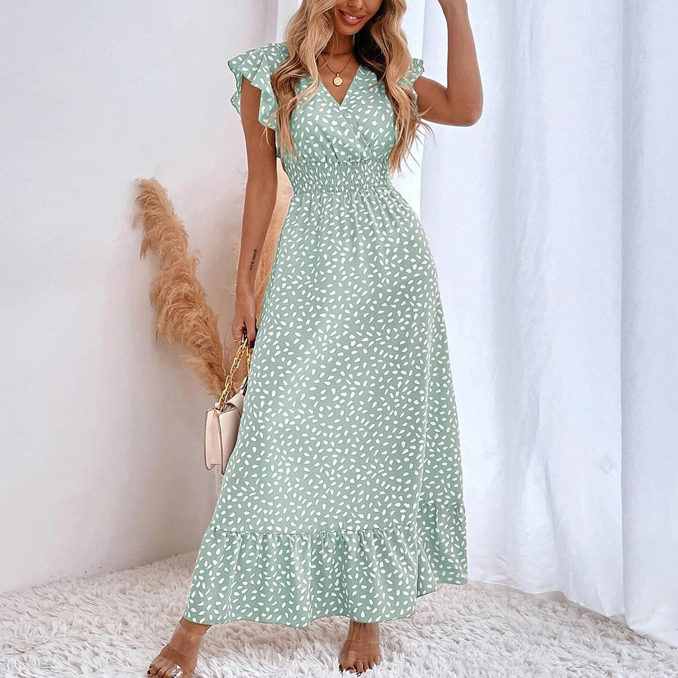 Miniatura: Women Ruffle Maxi Dress Bohemian Style Dot Printed Waisted Cute Dress V Neck Sh