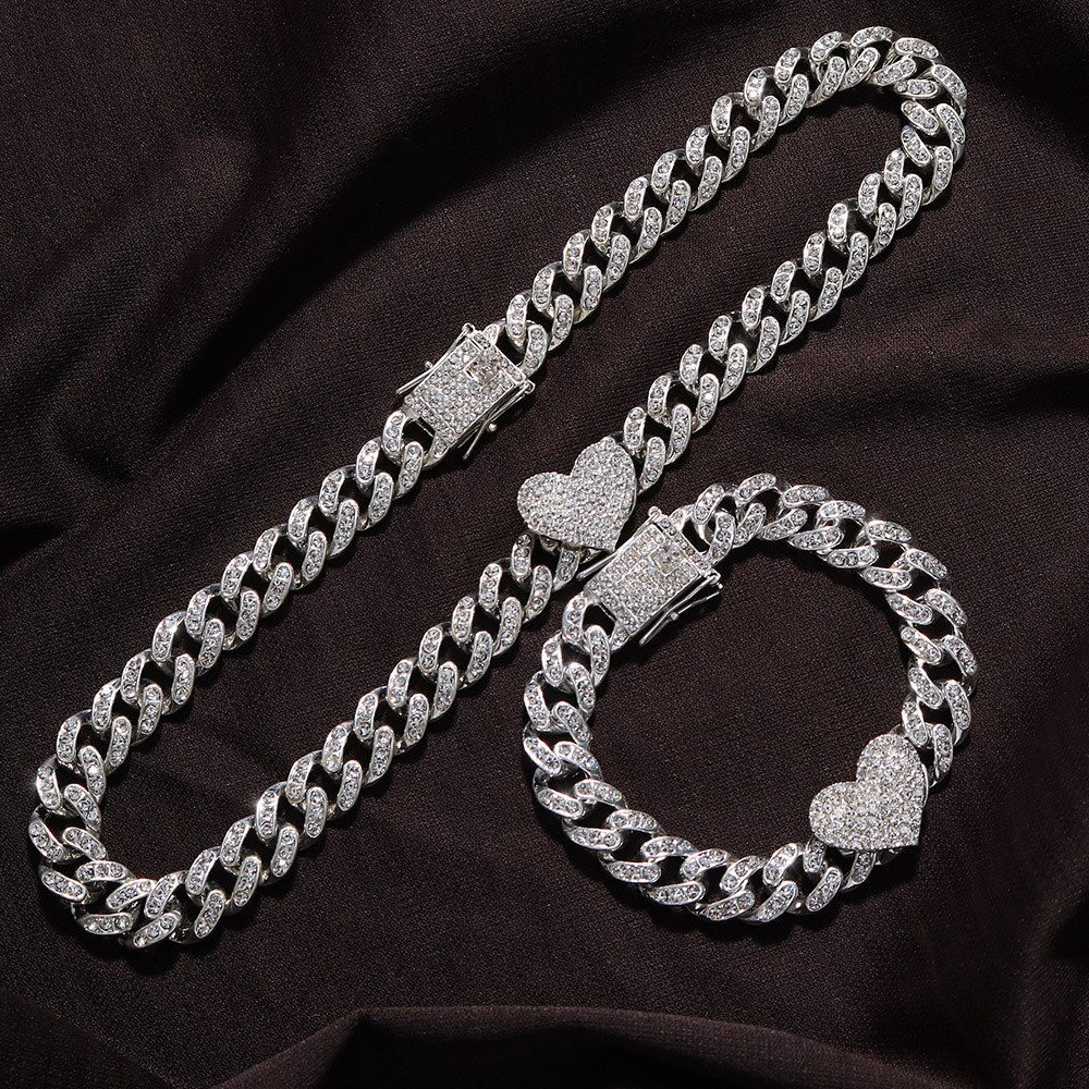 2Pc/Set Rapper Full Heavy Heart-shaped Cuban Link Bracelet Iced Women for