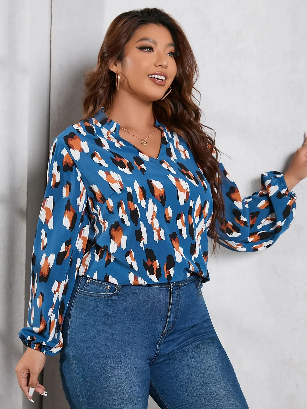 Miniatura: Finjani Plus Size Women Blouse Allover Floral Print Flounce Sleeve Top Casual V