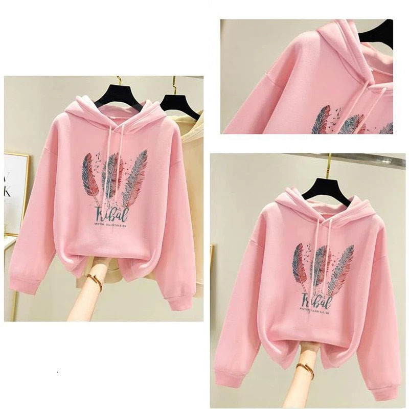 Thumbnail: Women Fashion Feather Printed Hoodies Autumn Winter Plus Velvet Casual Loose Sw
