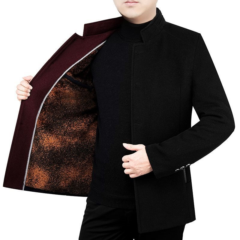 Thumbnail: Middle-aged Men's Woolen Coat Velvet Stand Collar Dad Wear Autumn And Winter Fl