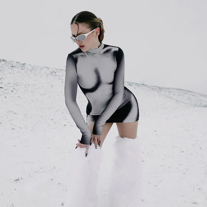 Thumbnail: CUTENOVA Autumn 3D Bodycon Printed Short Dress Y2K Streetwear Full Sleeves Mini
