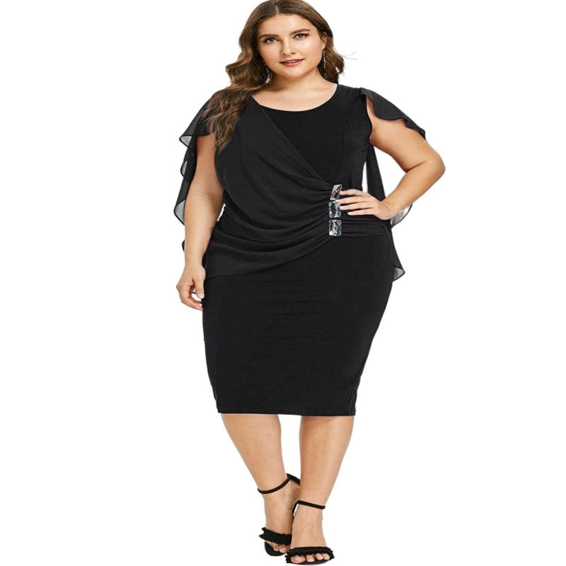 Thumbnail: Cloak Sleeves Plus Size Chiffon Cape Dress Summer High Street Ruched Bodycon Ch