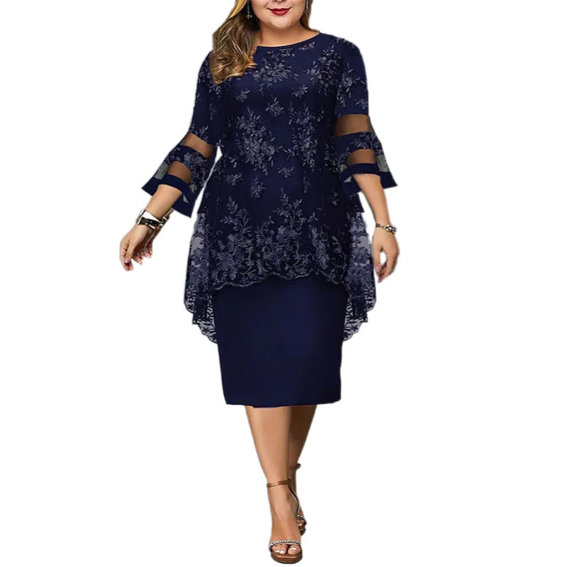 Womens Plus Size Curve Party Dress Lace Floral Crew Neck Print 3/4 Length Flare