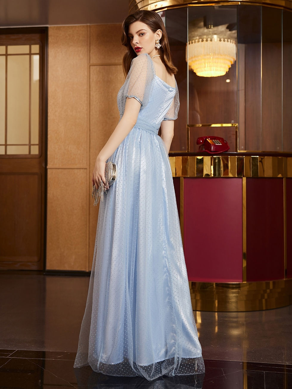 Thumbnail: Blue Tulle Bridesmaid Dresses for Women Polka Dot Print Ball Prom Gown Elegant