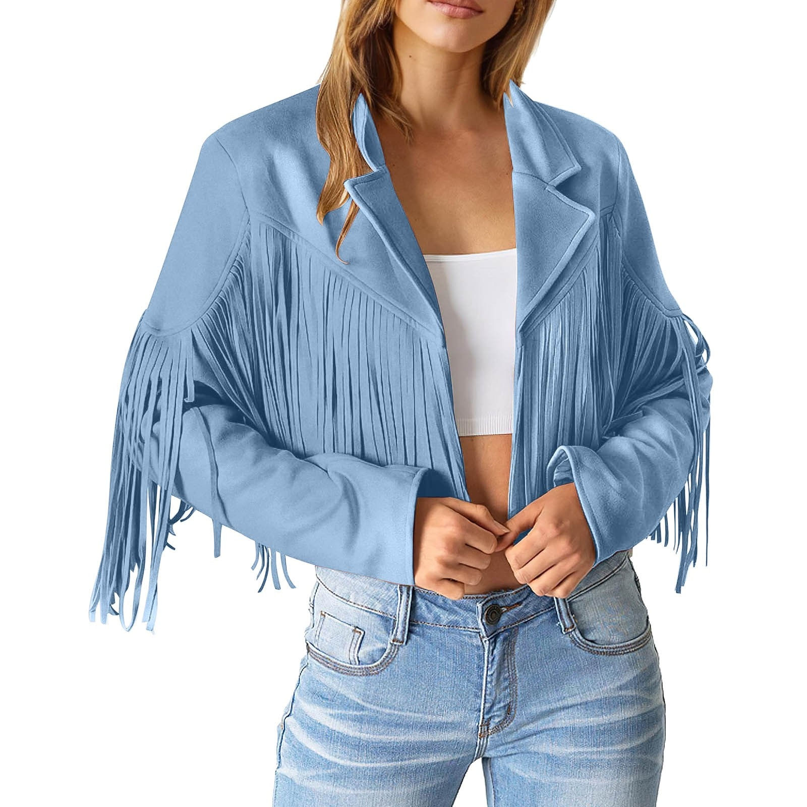 Women Fashion Fringe Faux Suede Leather Jackets Fashion Tassel Motorcycle Cropp