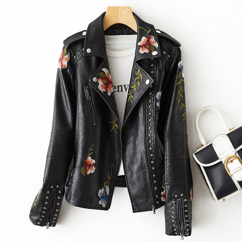 Thumbnail: New Women Retro Floral Print Embroidery Faux Soft Leather Jacket Coat Turndown