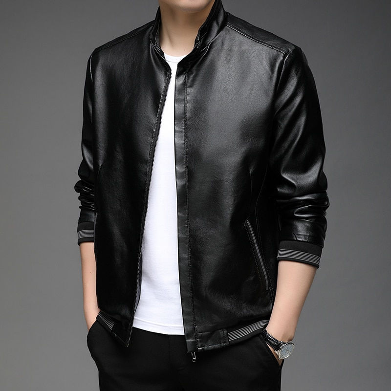Thumbnail: Casual Fashion Classic Biker Faux Pu Fashion Leather Jacket Men Plain Coats Men