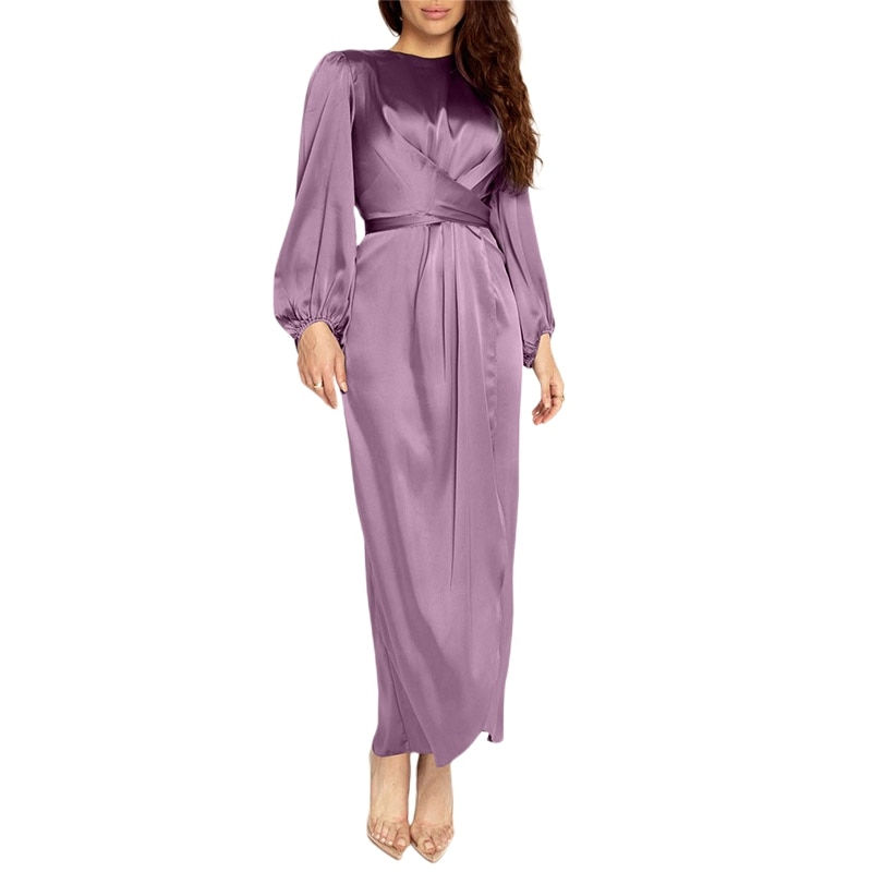 Muslim Women's Satin Dress Classic Round Neck Simple Elegant Muslim Outfit