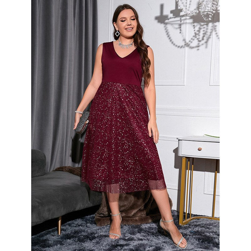 Thumbnail: Women's Plus Size V Neck Sleeveless Contrast Mesh Evening Midi Dress Sexy Birth
