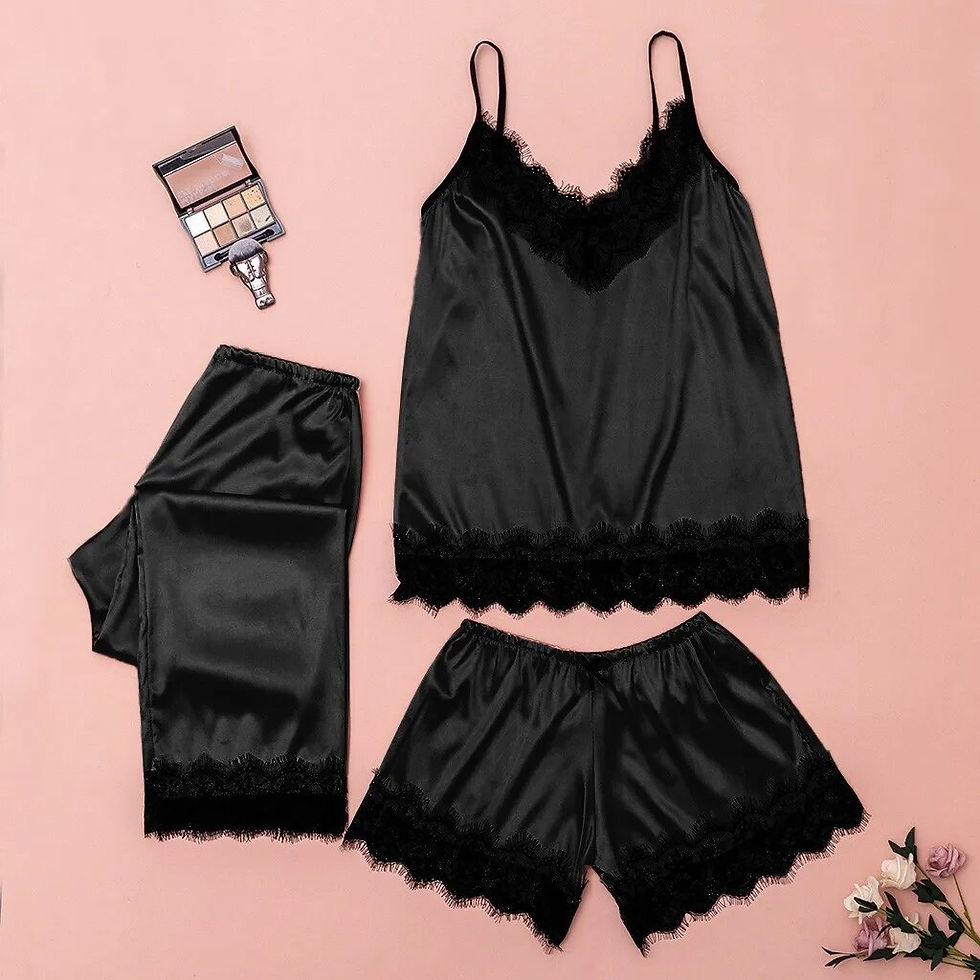 Thumbnail: Cute Pajama Set for Women Black Lace Satin V-Neck Pyjama Sleeveless Cute Cami T