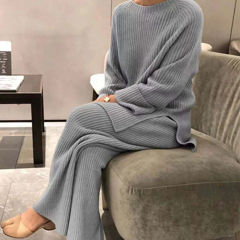 Thumbnail: Fashion Women Loose Knit Sweater Suit Casual Solid O Neck Pullover Wide Leg Pan