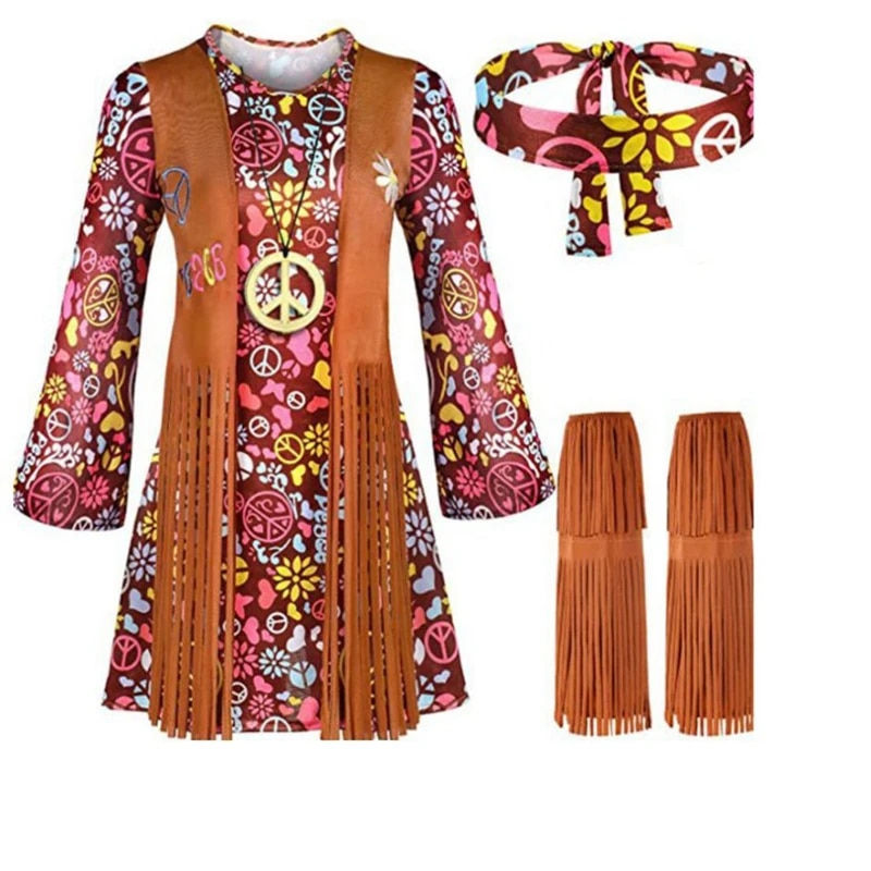 Thumbnail: Cosplay Indian Tassels Costumes Set Women's Peace Love Hippie Christmas 1960s S