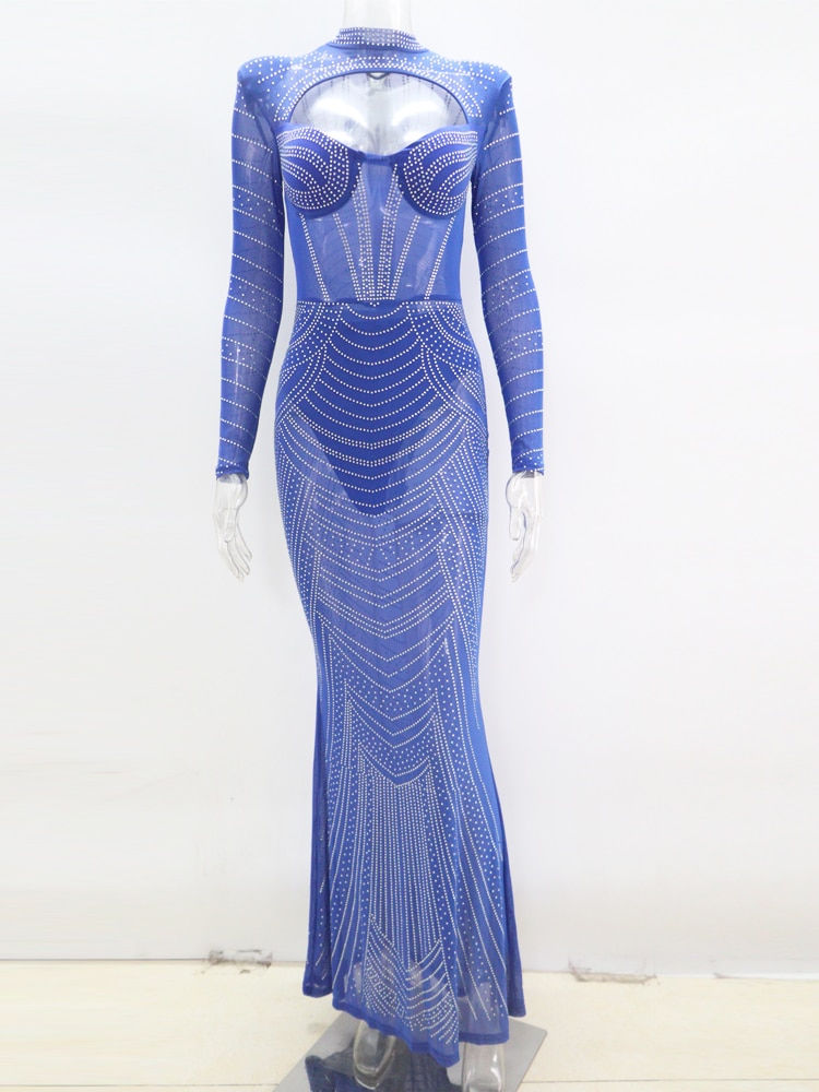 Kricesseen Sexy Shine Rhinestone Crystal Mesh Sheer Maxi Dress New Women