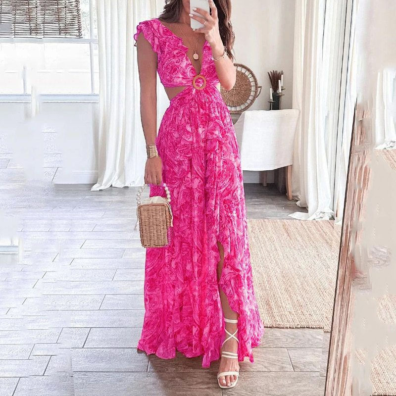 Thumbnail: Hollowed Out Backless Cute Deep V Ncek Summer Women Print Split Long Dress Irre