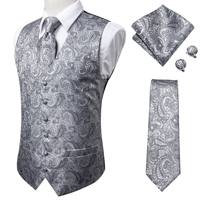 Hi-Tie 20 Color Silk Men's Vests and Tie Business Formal Dresses Slim Vest 4PC