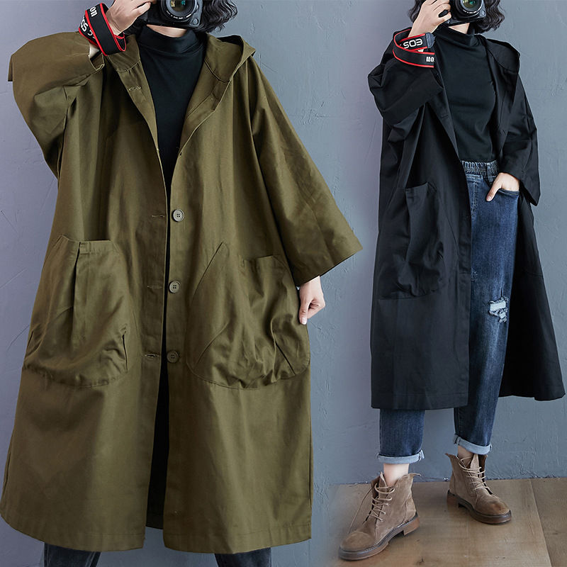 Sīktēls: Loose Plus Size Overknee Long Large Pocket Trench Coat