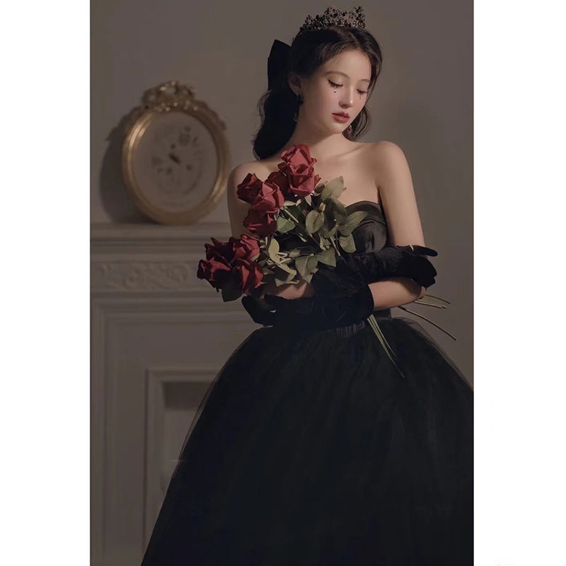 Thumbnail: Black Evening Dress Can Wear Birthday Host Light Luxury Niche Wipe Chest Long