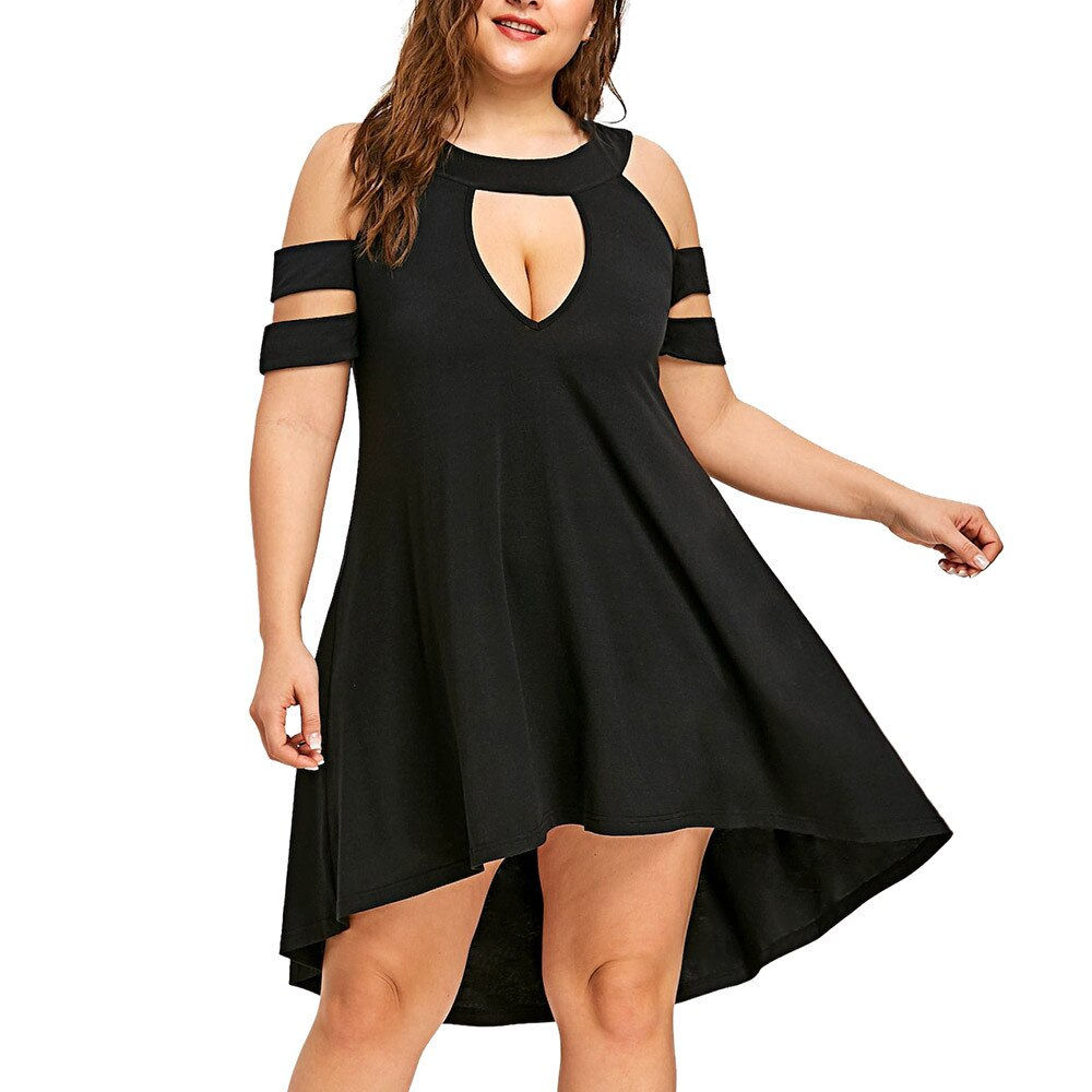 Plus Size Clothing Womens Black Dresses Solid Plus Size O-neck Cold Shoulder