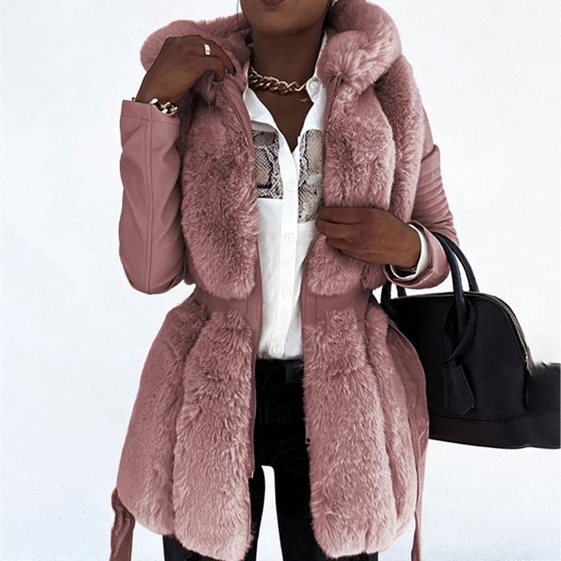 Thumbnail: Warm 2022 New Winter Women Thick Warm Zipper Jacket Coat With Belt Faux Fur Col