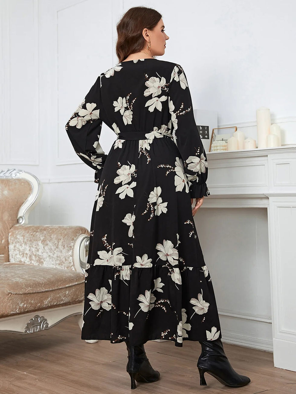 Miniatura: 3XL 4XL Plus Size Women Clothing Elegant Flower Printed Dresses V-neck Petal Sl