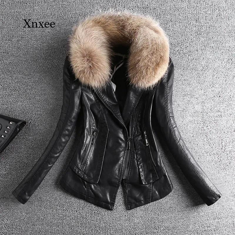 Leather Coat Jacket Women Winter Clothes Pu Fur Arount Collar Zipper Slim Short