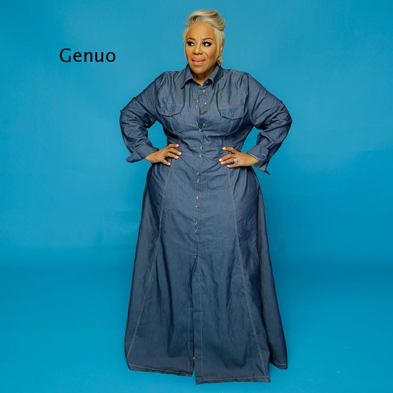 Thumbnail: Plus Size Women Solid Floor-length Denim Dresses 2021 Autumn Newest Lady Big Si