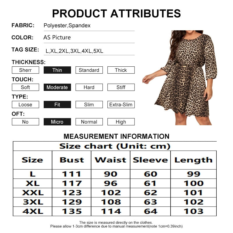 Thumbnail: Women's Plus Size Leopard Crew Neck Print 3/4 Sleeve Spring Summer Casual Short