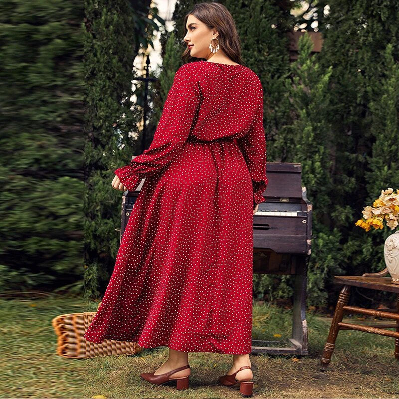 Thumbnail: Jinghe 2023 Plus Size Autumn Style Elegant Long Sleeves Polka Point Female Maxi