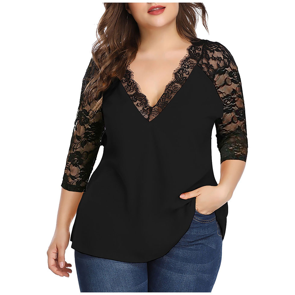 Thumbnail: Plus Size Lace Blouse Women Summer Autumn Casual Long Sleeve V-Neck Lace Patchw