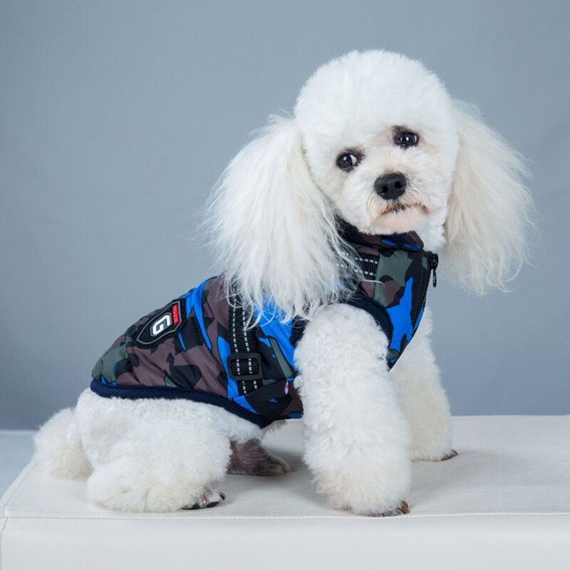 Küçük resim: Camouflage Winter Pet Dog Jacket With Harness Warm Dog Clothes for Small Large