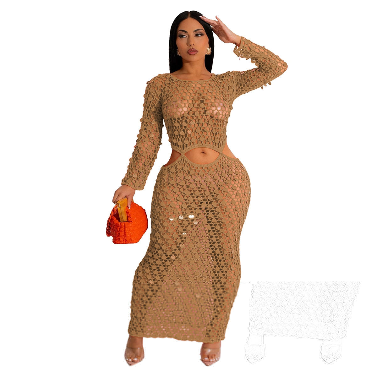 Sexy Shinny Sequined Knit Rib Long Dress Women Summer 2023 Hollow Out