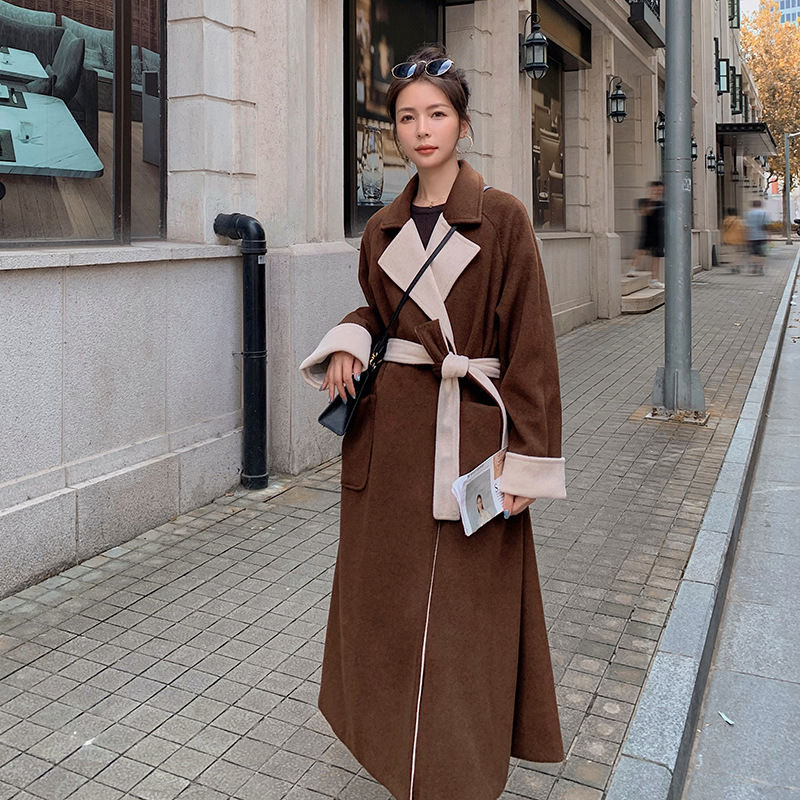 Miniaturebillede: Women's Long Knee Length Loose Contrasting Woolen Coat
