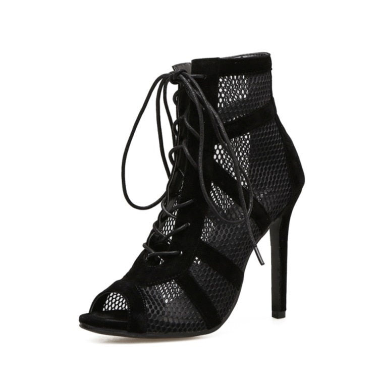 New Fashion Show Black Net Fabric Cross Strap Sexy High Heel Sandals Woman Shoe