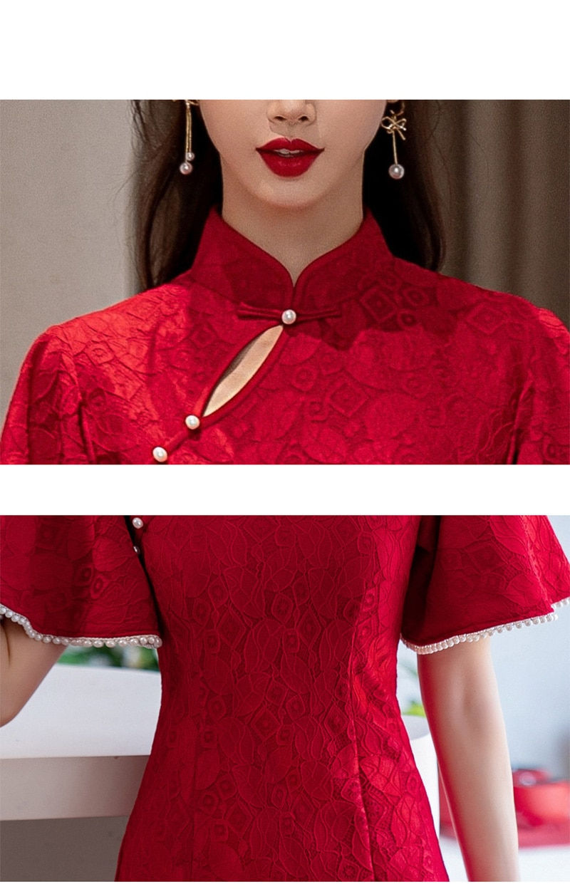 Thumbnail: Wine Red Mid Long Lace Wedding Cheongsam Women Slim Short Sleeve Dress Chinese