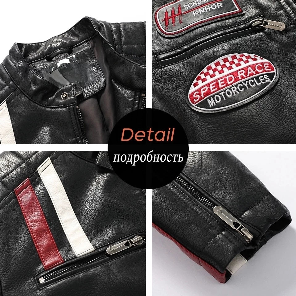 Miniatura: Autumn Winter Men's Bomber Jacket Zip Embroidery PU Leather Jacket Male Fleece
