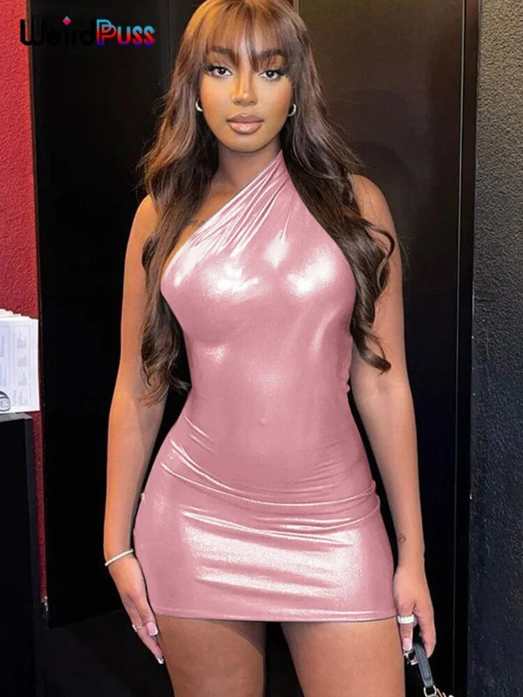 Imej kecil: Weird Puss Sexy Luxury Women Dress Elastic Sleeveless Inclined Shoulder Trend S