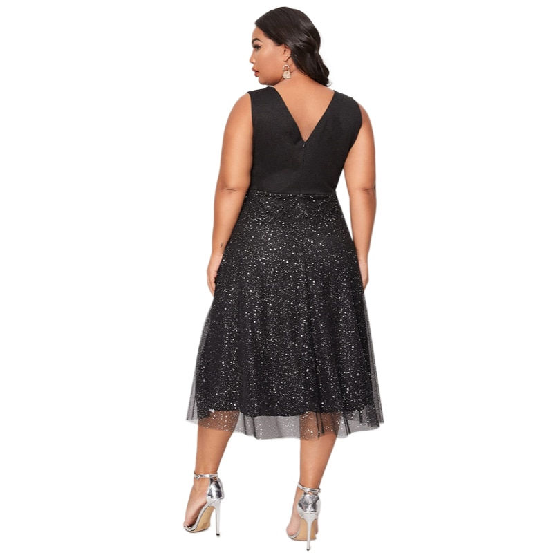 Thumbnail: Women's Plus Size V Neck Sleeveless Contrast Mesh Evening Midi Dress Sexy Birth
