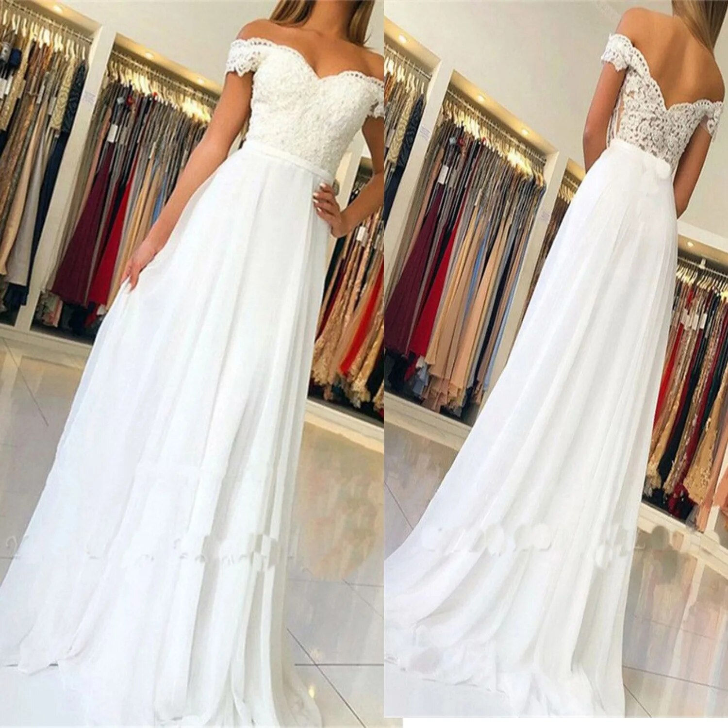 2023 Off The Shoulder Lace Prom Dress Sleeveless Backless White Wedding Party R