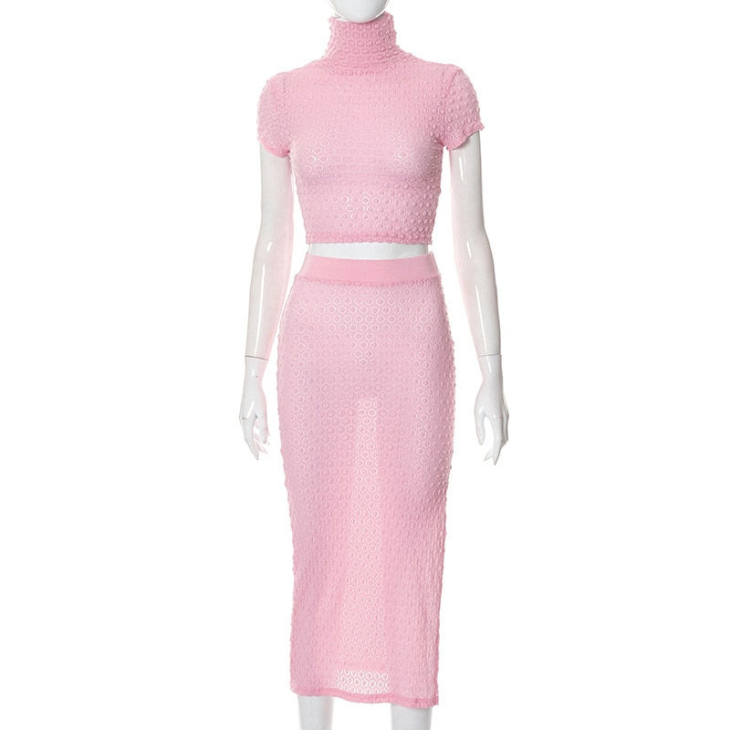 Thumbnail: Echoine Short Sleeve Turtleneck Crop Top Hight Waist Split Slim Skirt Two Piece