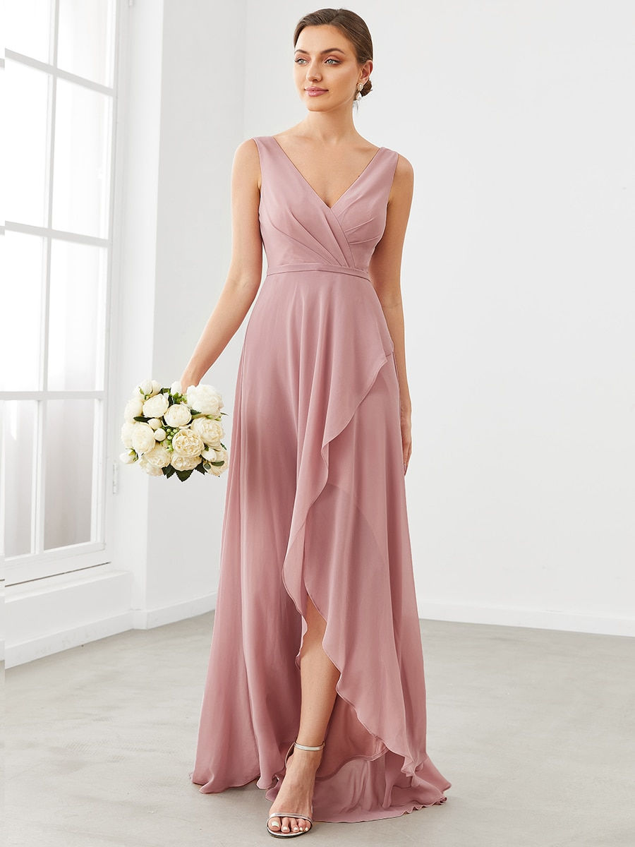 Thumbnail: Chiffon Ruffled Hem Front Slit V-Neck Sleeveless Bridesmaid Dress