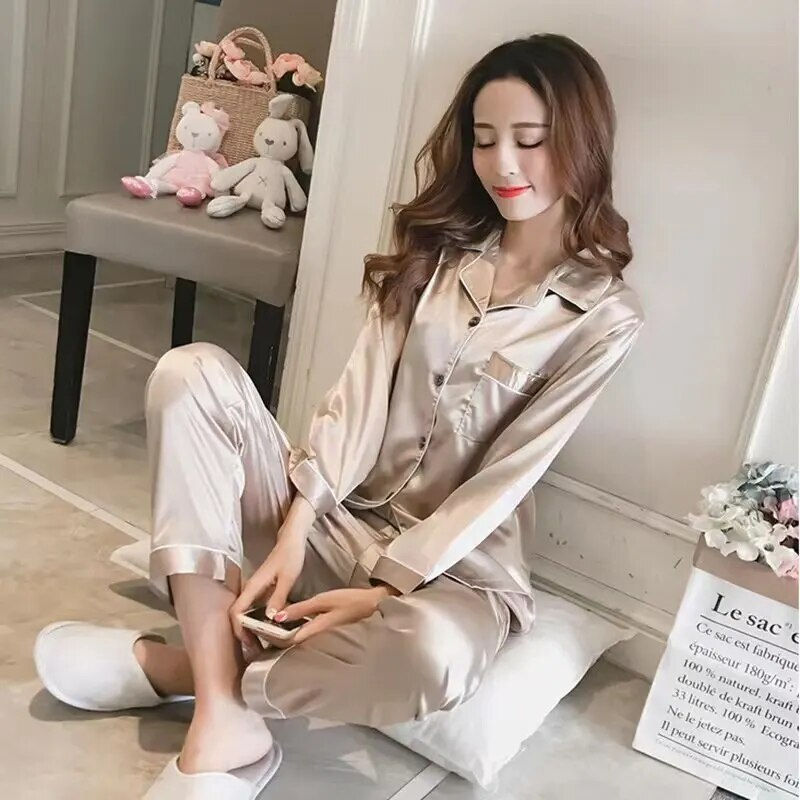 Thumbnail: Women Pajamas Sleepwear Nightclothes Black Champagne L XL Long Sleeved Shirt An